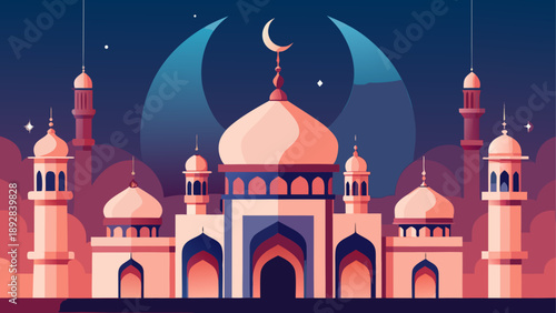 Illustrated mosque with crescent moon and stars