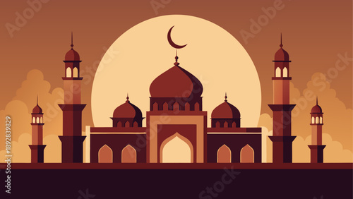 Illustrated mosque with crescent moon and minarets