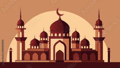 Elegant islamic mosque with crescent moon and arches