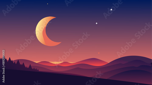 Serene twilight landscape with crescent moon