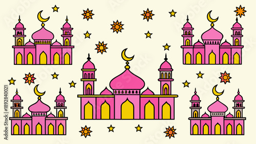 Vibrant islamic mosque illustrations with stars and moons