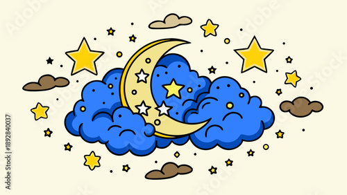 Whimsical night sky with moon and stars