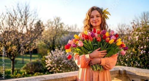 Young woman smiling while holding colorful tulips in spring garden  