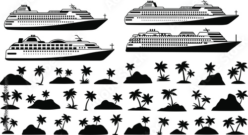 Cruise ship silhouettes set, tropical island palm trees collection, maritime travel illustration, ocean tourism design, black vector elements pack bundle