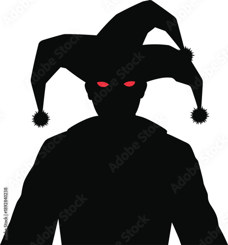 Dark jester silhouette illustration with glowing red eyes, creepy clown character, horror fantasy design, mysterious gothic joker portrait on white background