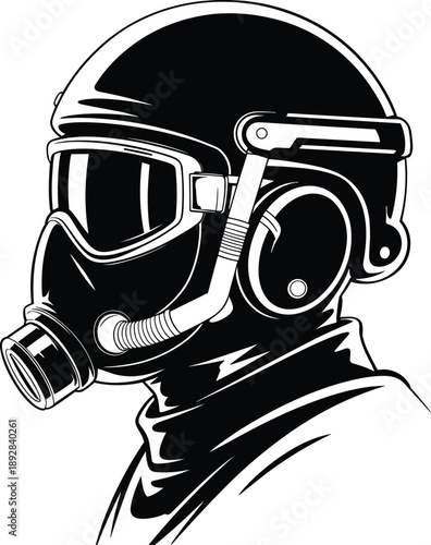 Gas mask helmet illustration, protective respirator gear, military tactical equipment portrait, industrial safety concept, monochrome vector design, graphic, poster, art