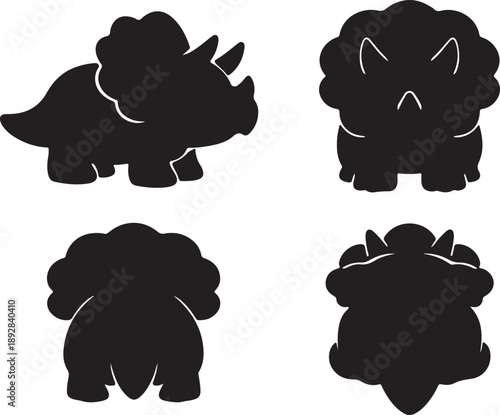 Cute Triceratops Dinosaur Silhouette Vector Set - Collection of 4 Minimalist Dino Icons in Different Poses (Side, Front, Back, Top) for Kids Design, Education, and Decals