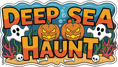 Deep Sea Haunt Halloween Underwater Pumpkin Ghost Cartoon Logo Illustration For Spooky Party Decor Stickers T Shirts Branding Design Artwork