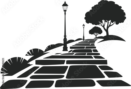 Park pathway silhouette, street lamp walkway, garden landscape illustration, urban nature scene, outdoor pathway design, minimal flat vector