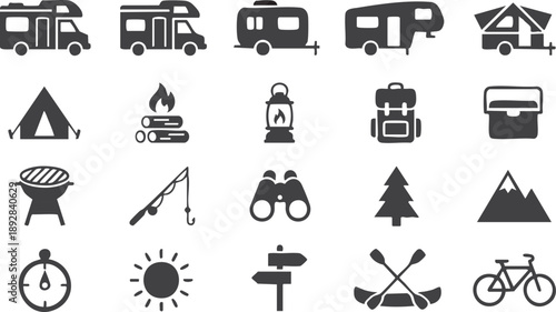 Camping icons set including vehicles tent campfire and outdoor activities on transparent background