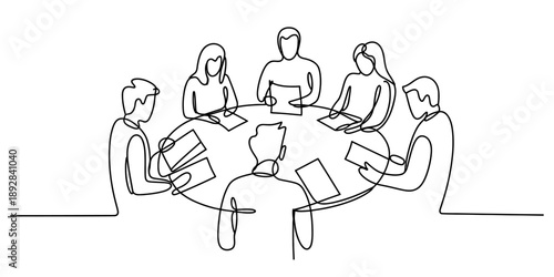 A continuous line drawing illustration depicting a group of six people in a meeting around a round table Vector, illustration
