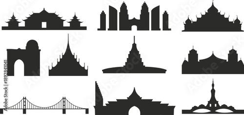 Famous world landmarks silhouettes collection, iconic architectural monuments skyline set in black, travel, tourism, culture, city, vector illustration