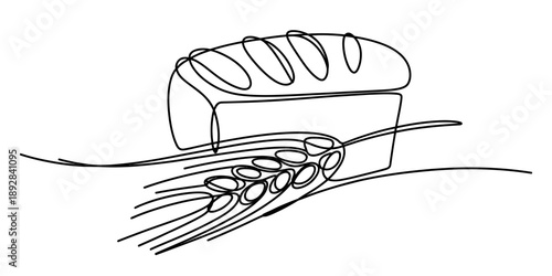 Minimalist continuous line art illustrating the connection between a loaf of bread and wheat Vector, illustration