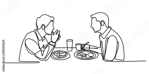 Continuous line drawing of two men having a meal and conversation at a restaurant table Vector, illustration