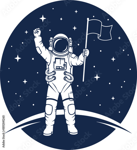 Astronaut standing on the moon surface holding a flag and celebrating achievement against a starry space background