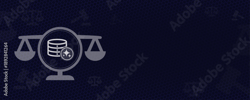 AI in Data Protection and Database Law, Scales of Justice with Data Icon and AI Sparkles Vektor, Copy Space for GDPR and Big Data Legal Concepts