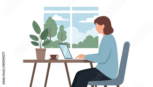 Woman working on laptop at desk with plant by window home office remote work productivity focus