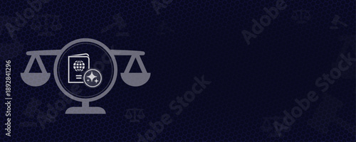 AI in Immigration Law and International Travel Rights, Scales of Justice with Passport Icon and AI Sparkles Vektor, Copy Space for Global Law and Border Control