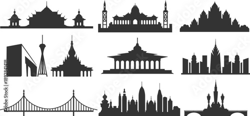 Famous world landmarks silhouettes collection, iconic architectural monuments skyline set in black, travel, tourism, culture, city, vector illustration