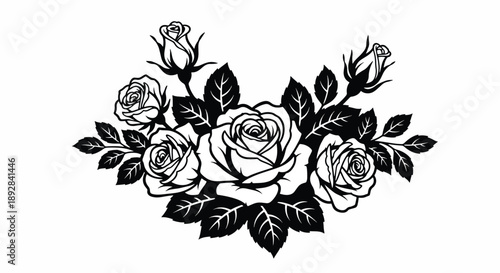 Black and white rose bouquet with leaves and buds Keywords rose, flower, bouquet, floral