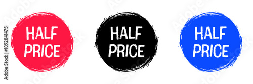 Half Price Sale Badges Set in Red Black and Blue Colors
