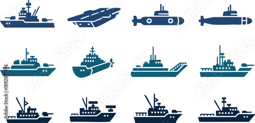 Collection of various naval ships and submarines in blue silhouette on transparent background