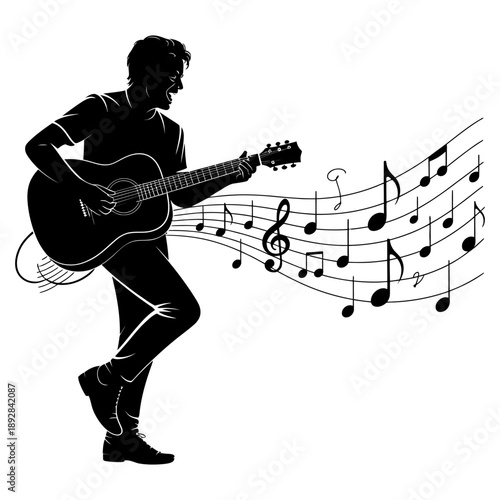 Acoustic guitar player silhouette performing live with musical notes flowing from strings graphic illustration for concert posters and entertainment marketing materials for artists