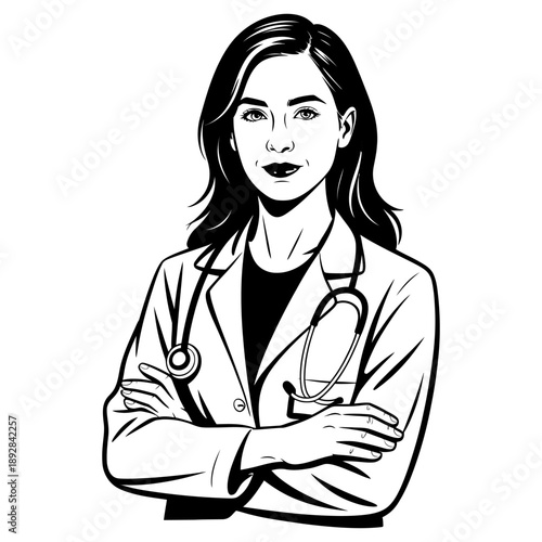Black and white illustration of confident female doctor wearing lab coat and stethoscope with arms crossed professional medical care