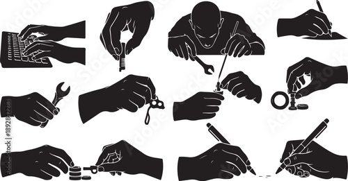 Various hands holding tools and performing tasks silhouettes