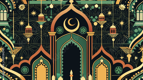 Ornate islamic mosque pattern with crescent moon