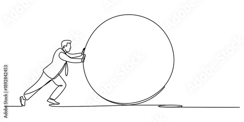 A determined businessman struggles to push a huge sphere, illustrating persistence and overcoming challenge. Vector, illustration