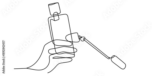Minimalist illustration of a hand holding a bottle with an object in a single line drawing Vector, illustration