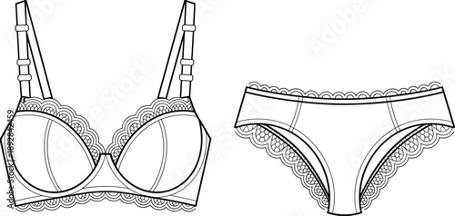 Line art illustration of lace bra and panties set for women lingerie fashion design technical sketch vector template isolated on white background collection style