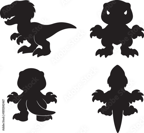 Four Cute T-Rex Dinosaur Silhouettes Vector Set for Kids Apparel, Nursery Decor, and SVG Cutting Files. Adorable Cartoon Dino Illustration Pack in Black for Design Projects.
