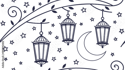 Whimsical night sky with hanging lanterns