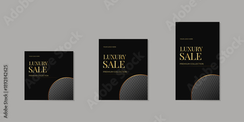 Vector set of luxury sale banners featuring elegant gold typography on a dark background. Premium minimalist design with refined metallic accents and clean layout. The set includes square and vertical