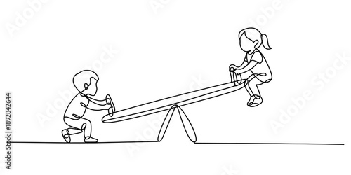 A single continuous line art drawing of two young children playing together on a seesaw at a playground. Vector, illustration