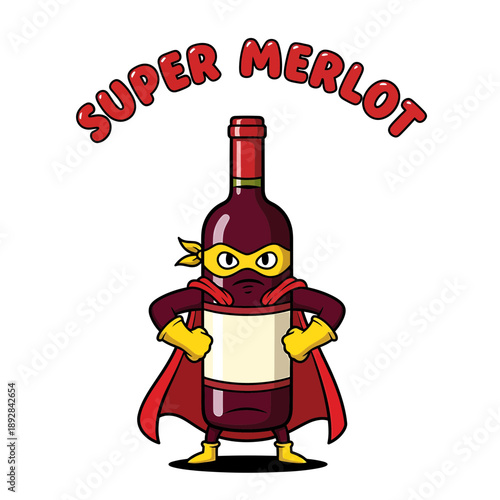 Super Merlot Cartoon Vector – Funny Superhero Wine Bottle Character with Cape, Glasses and Comic Text Design

