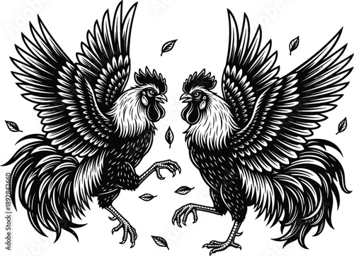 Vintage woodcut style vector illustration of two aggressive roosters fighting with feathers flying in black and white hand-drawn style