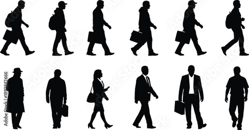 Collection of Black Silhouettes of Men and Women Walking with Bags and Backpacks in Casual and Business Styles, Representing Daily Commute, Travel, Work, and Urban Lifestyle Concept