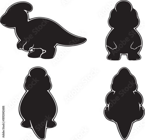 Cute Parasaurolophus Dinosaur Silhouettes Vector Set: Four Distinct Black and White Dino Icons for Prehistoric Themes, Stickers, Badges, and Kids' Education Graphics Templates.
