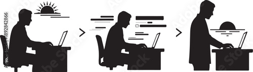 Businessman working on laptop through day and night hours