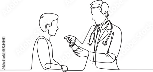 Doctor explains to patient how take medicine.one line vector illustration with white background