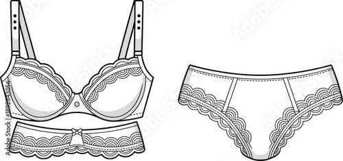 Line art illustration of lace bra and panties set for women lingerie fashion design technical sketch vector template isolated on white background collection style