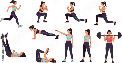 Illustration of women performing diverse fitness exercises including running, squats, lunges, and weightlifting for health visuals