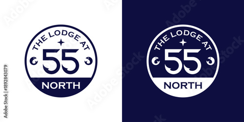 Vintage circle emblem logo for The Lodge at 55 North with fish and star elements