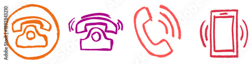 Phone Telephone Icons Crayon Chalk Drawing Doodle Vector Set