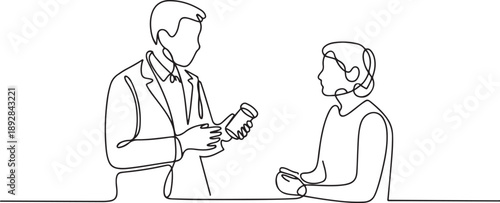 Doctor explains to patient how take medicine.one line vector illustration with white background