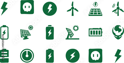 Collection of green eco friendly energy icons on transparent background