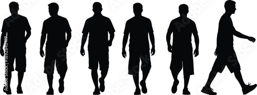 Collection of casual male walking silhouettes in different poses, young men strolling confidently in urban lifestyle scenes isolated on white background, 